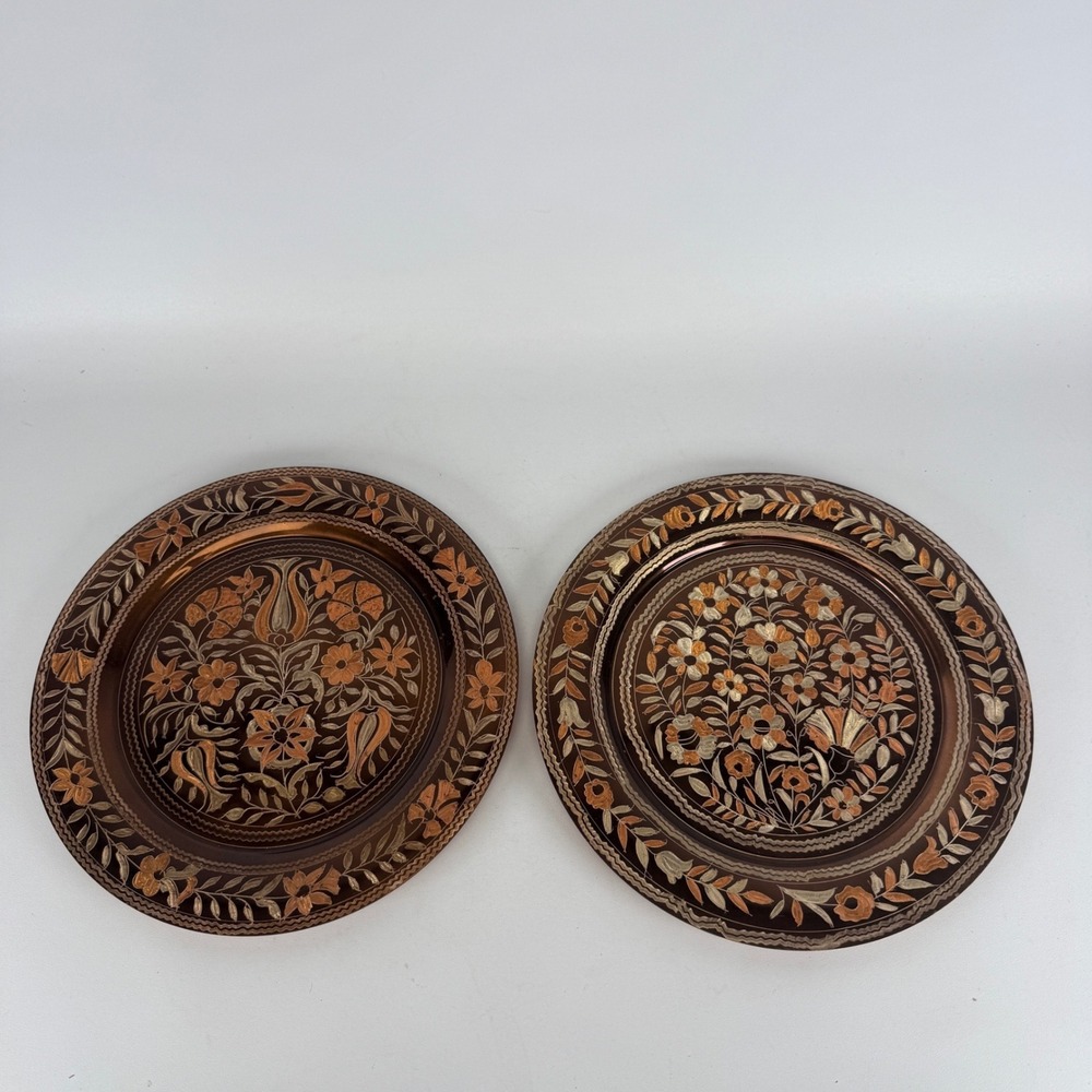 Vintage Turkish Etched Copper Plates Lot of 2 Floral Engraved Wall Decor 11.5"